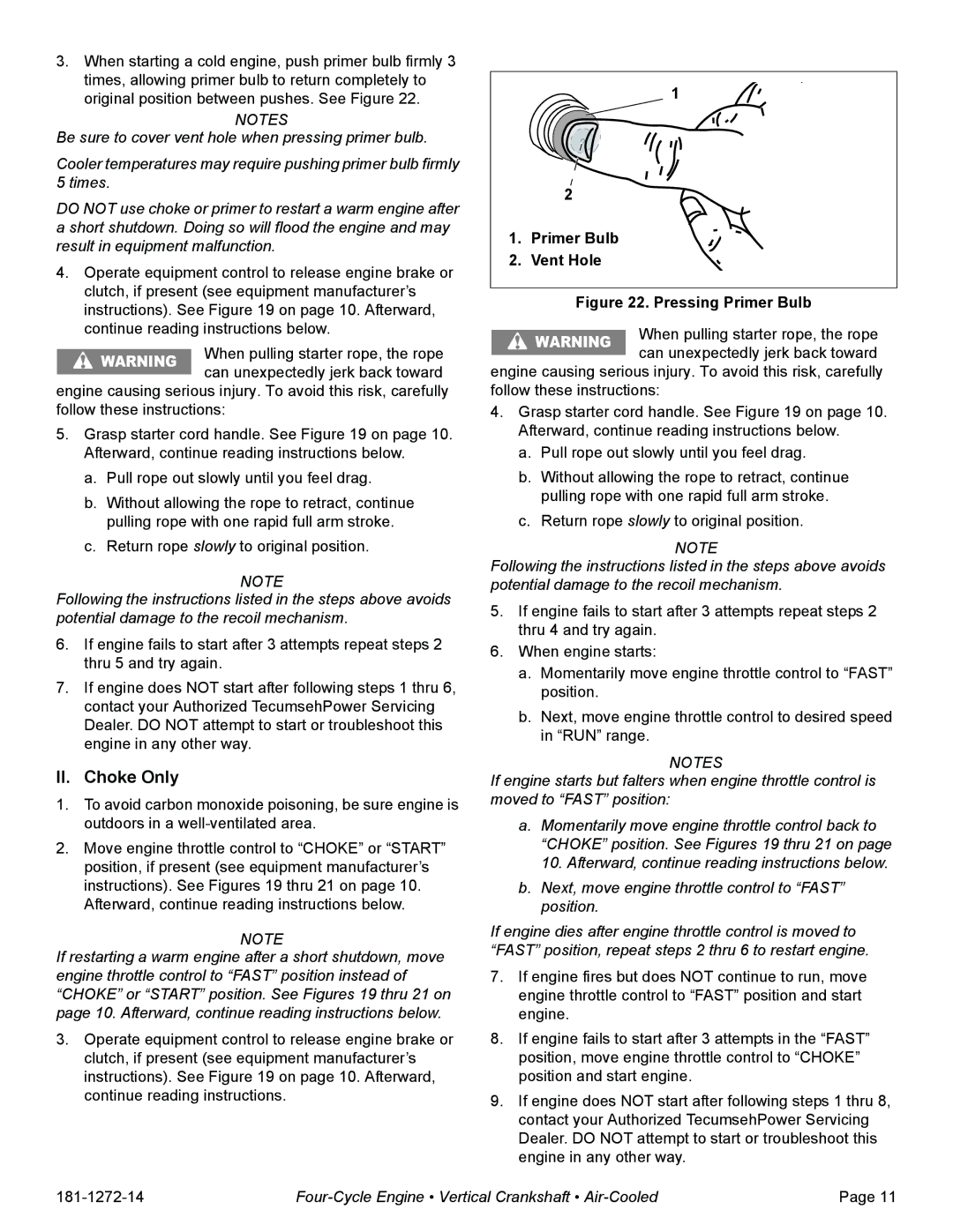 Tecumseh OV195EA, OV195XA specifications II. Choke Only, Primer Bulb Vent Hole 