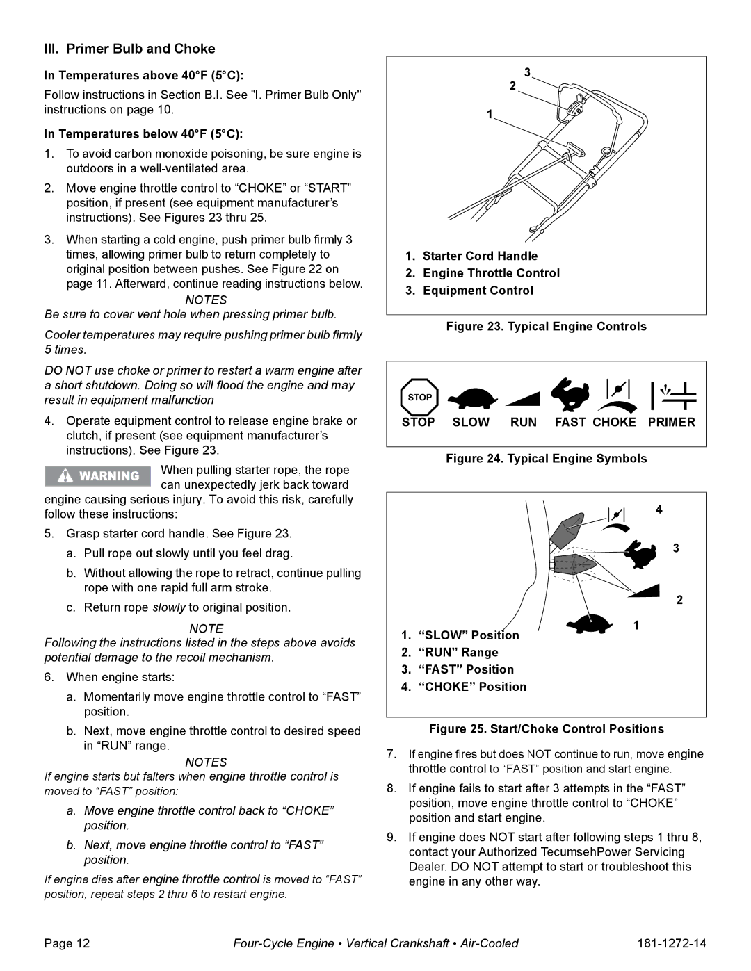 Tecumseh OV195XA, OV195EA specifications Typical Engine Symbols, Slow Position RUN Range Fast Position 