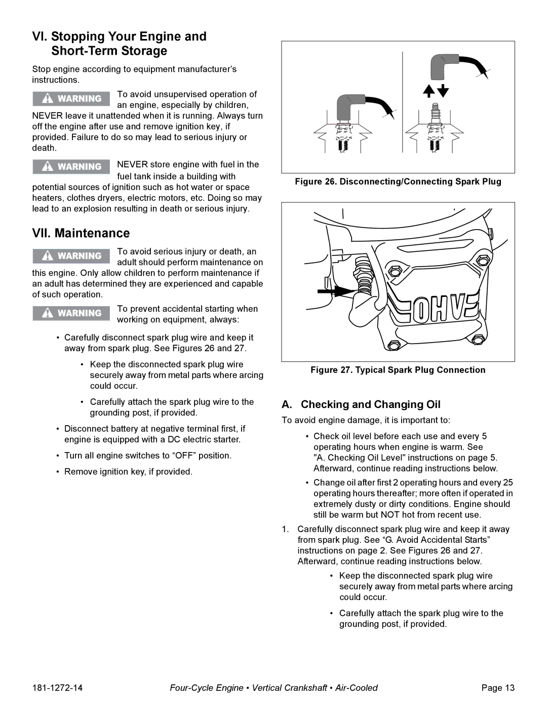 Tecumseh OV195EA, OV195XA VI. Stopping Your Engine and Short-Term Storage, VII. Maintenance, Checking and Changing Oil 