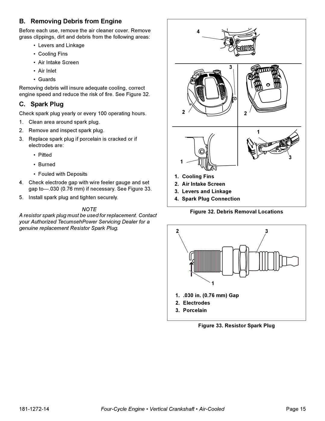 Tecumseh OV195EA, OV195XA specifications Removing Debris from Engine, Spark Plug 