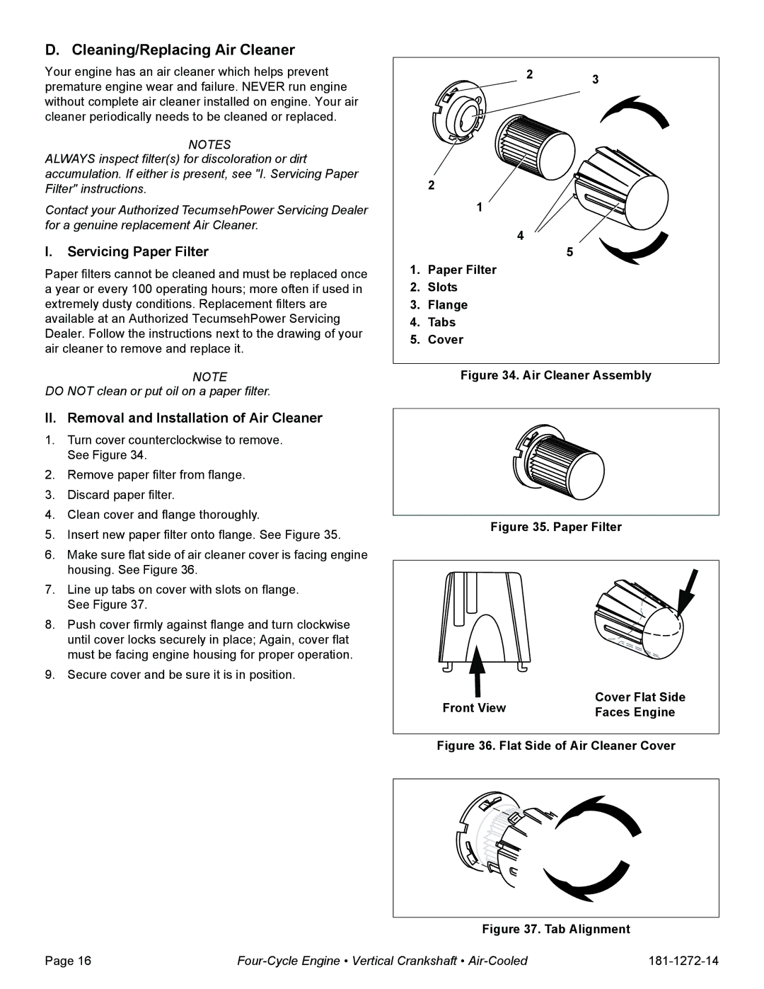 Tecumseh OV195XA Cleaning/Replacing Air Cleaner, Servicing Paper Filter, II. Removal and Installation of Air Cleaner 