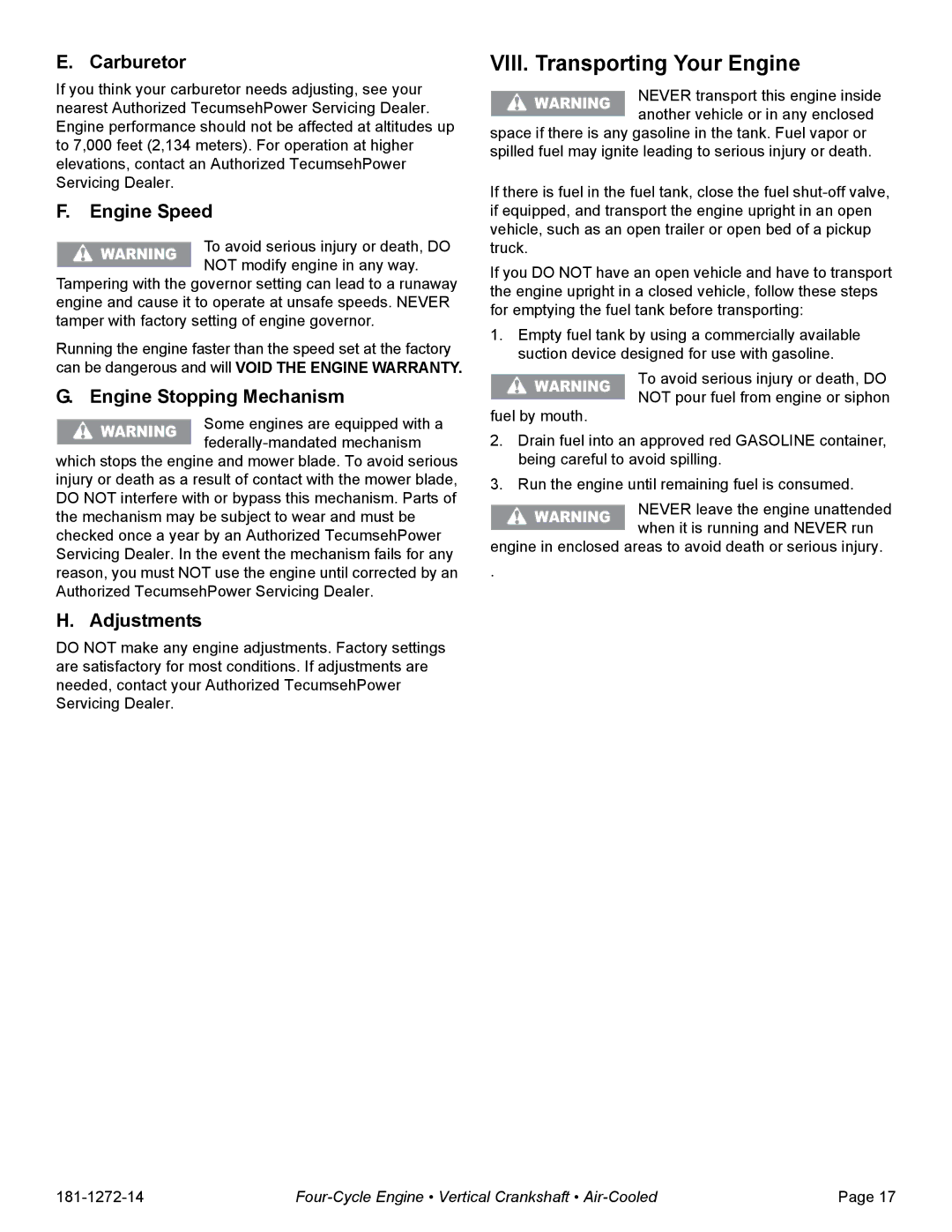 Tecumseh OV195EA, OV195XA VIII. Transporting Your Engine, Carburetor, Engine Speed, Engine Stopping Mechanism, Adjustments 