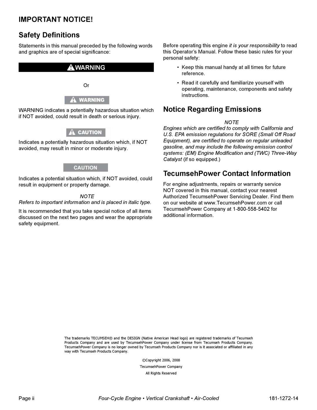 Tecumseh OV195XA, OV195EA specifications Safety Definitions, TecumsehPower Contact Information 