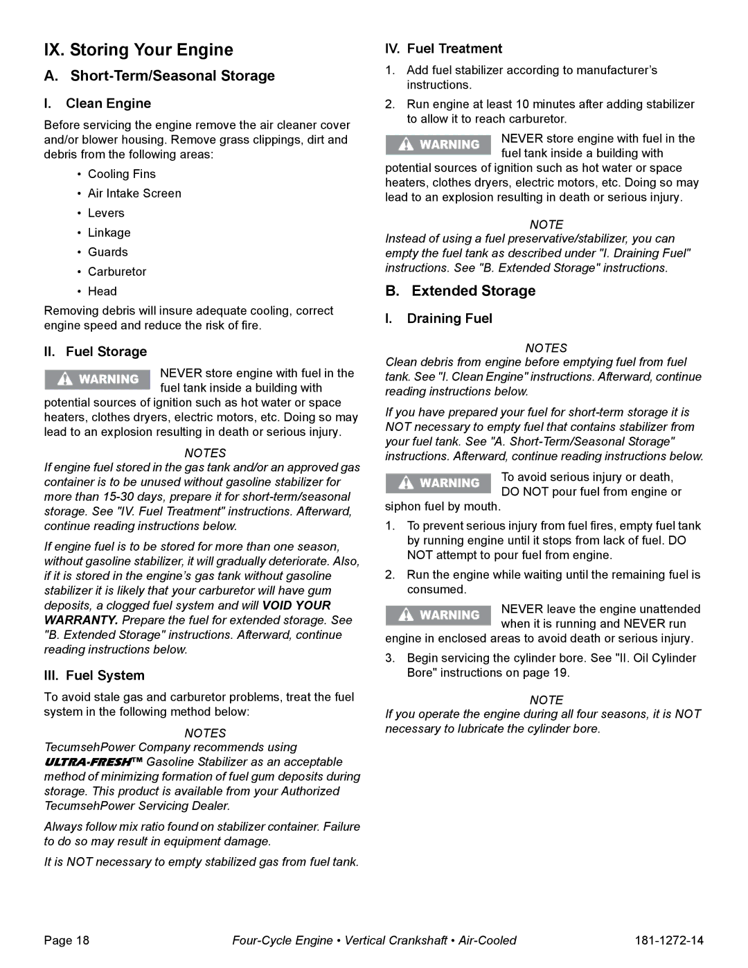 Tecumseh OV195XA, OV195EA specifications IX. Storing Your Engine, Short-Term/Seasonal Storage, Extended Storage 