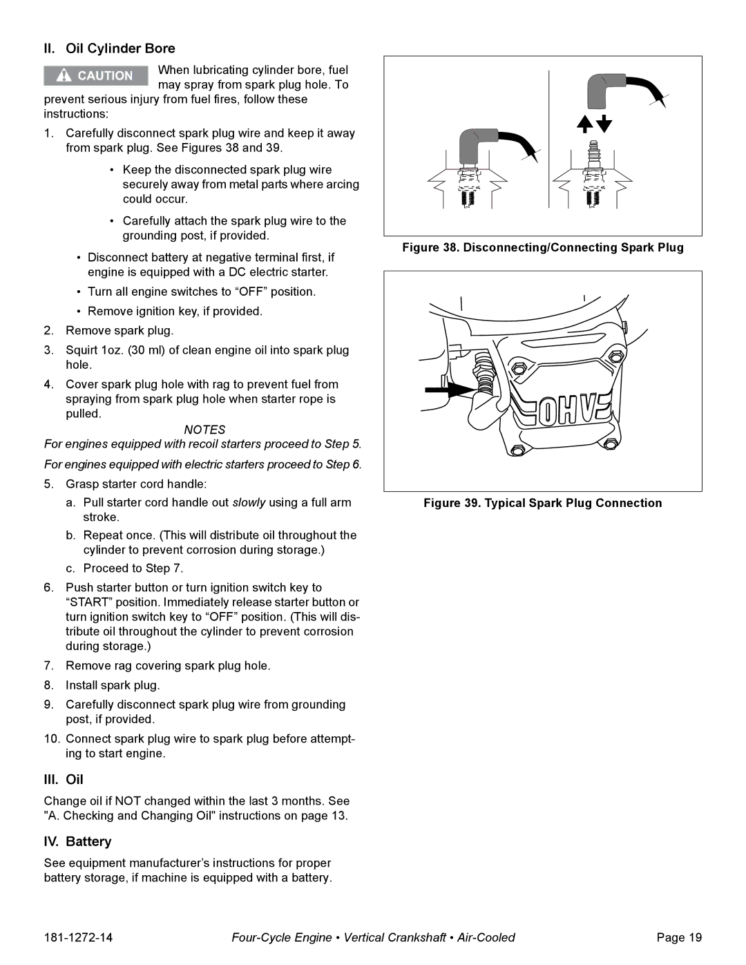 Tecumseh OV195EA, OV195XA specifications II. Oil Cylinder Bore, III. Oil, IV. Battery 