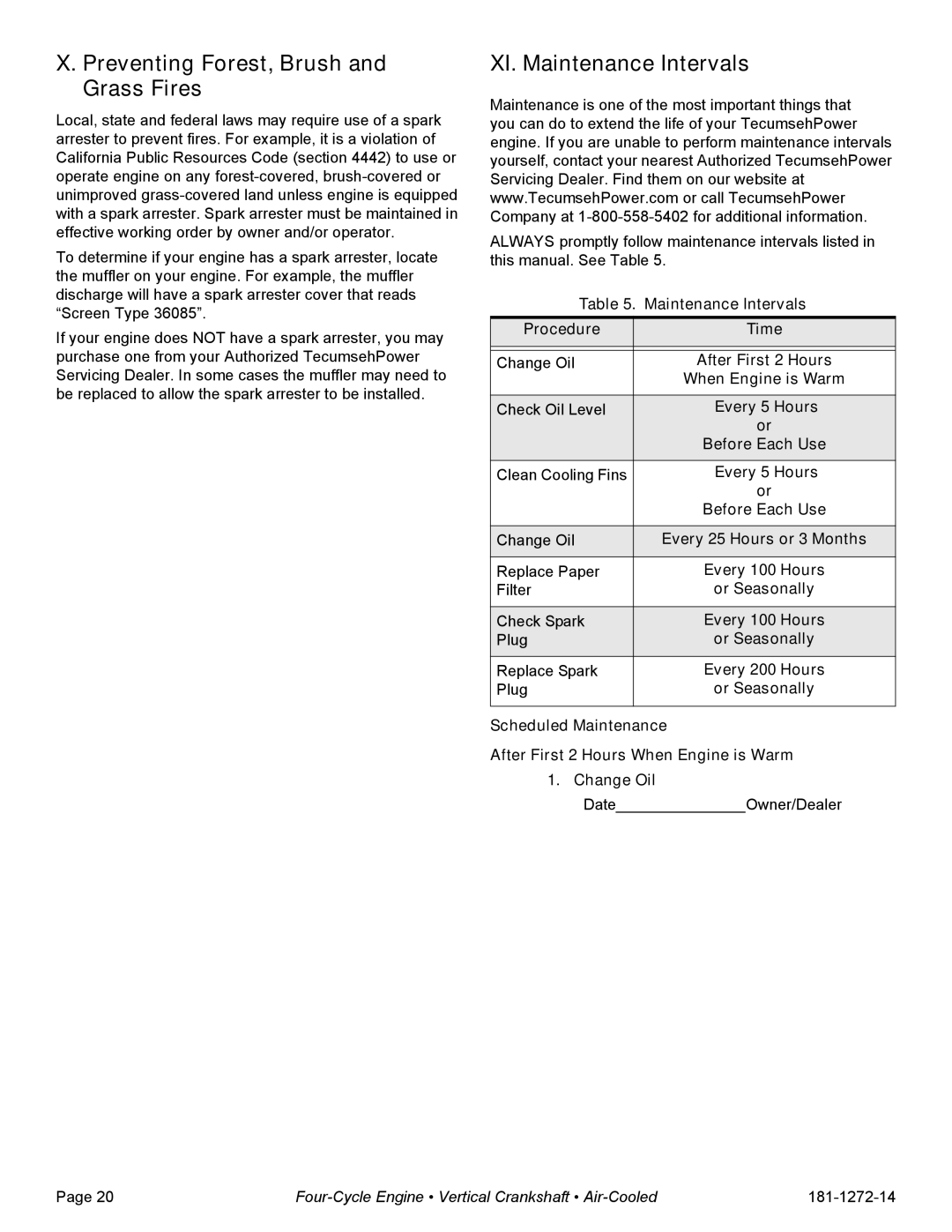 Tecumseh OV195XA, OV195EA specifications Preventing Forest, Brush and Grass Fires, XI. Maintenance Intervals, Procedure 