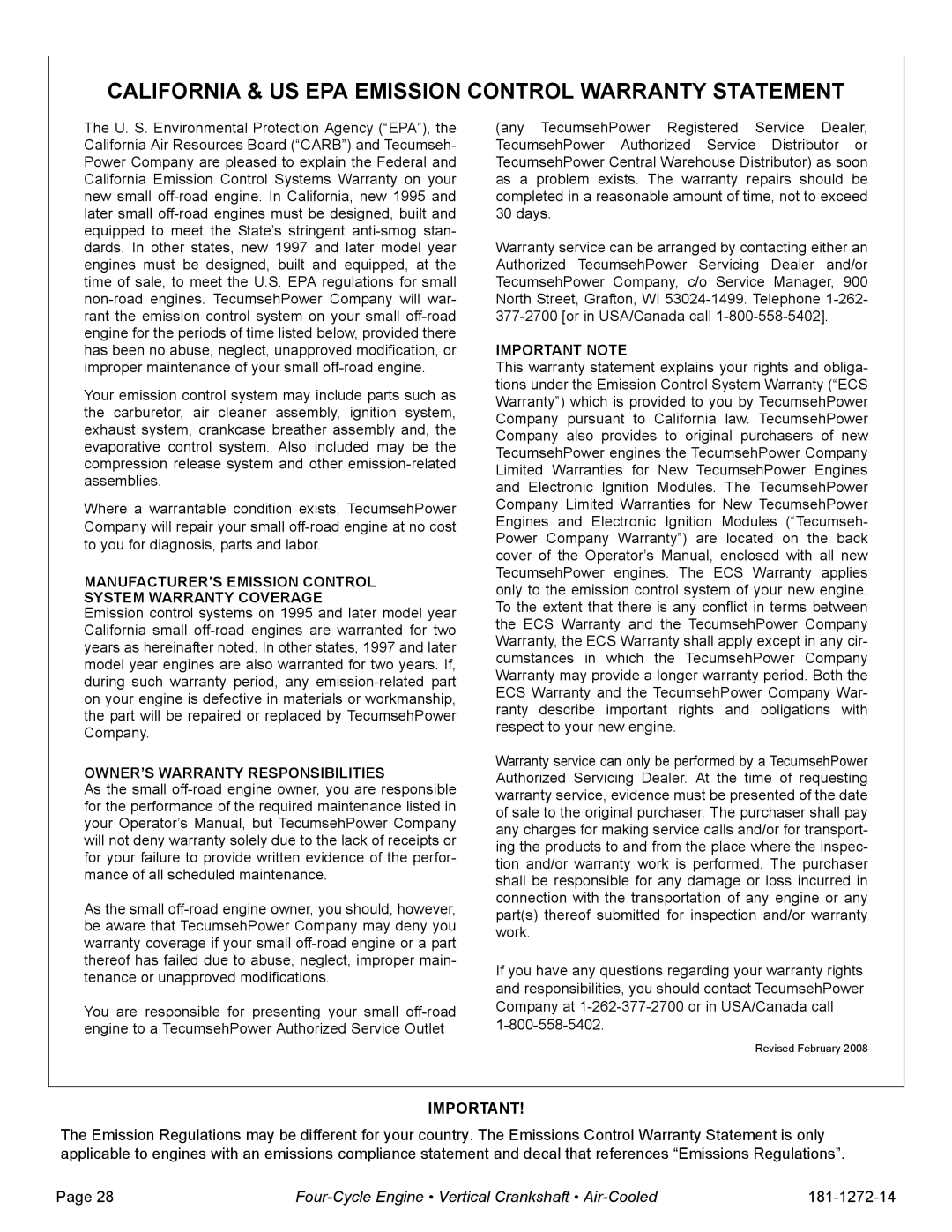 Tecumseh OV195XA, OV195EA specifications California & US EPA Emission Control Warranty Statement 