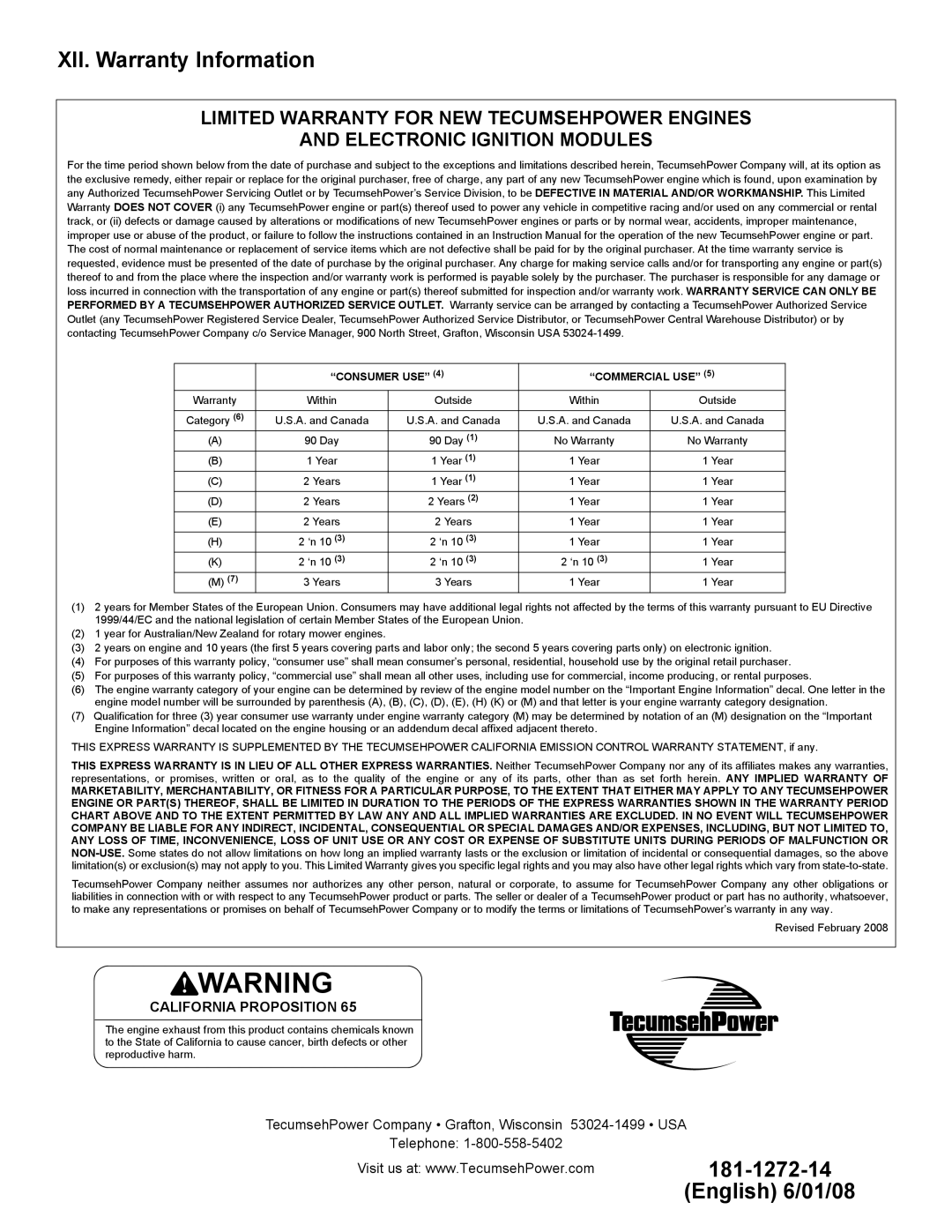 Tecumseh OV195XA, OV195EA specifications XII. Warranty Information, Consumer USE Commercial USE 