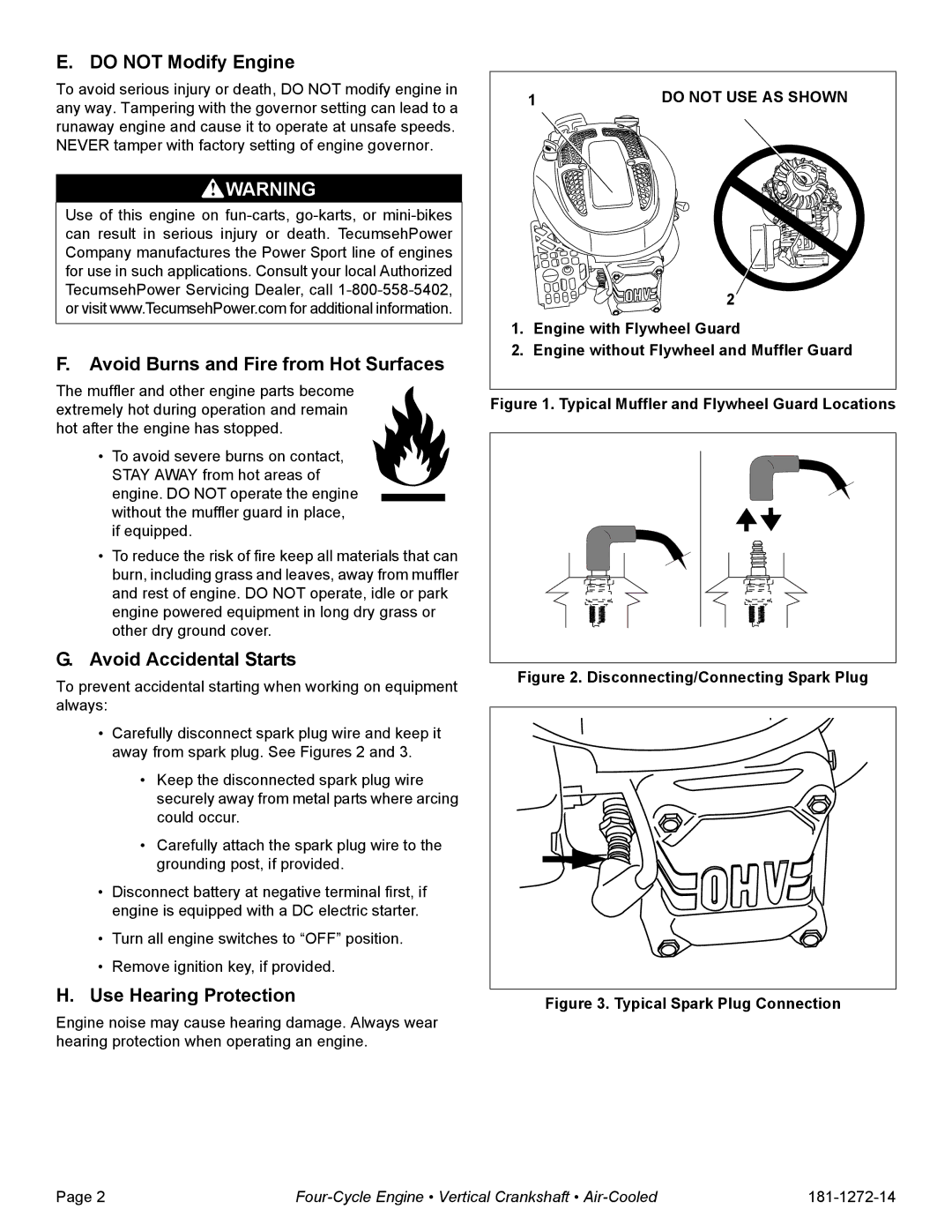 Tecumseh OV195XA, OV195EA Do not Modify Engine, Avoid Burns and Fire from Hot Surfaces, Avoid Accidental Starts 