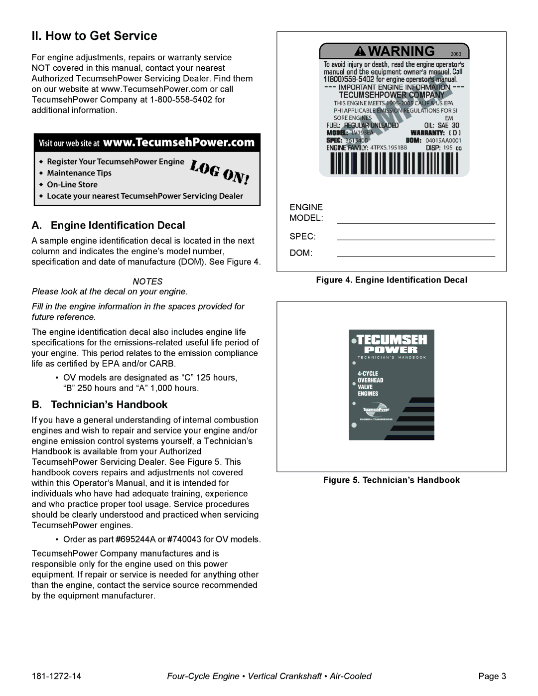 Tecumseh OV195EA, OV195XA specifications II. How to Get Service, Engine Identification Decal, Technician’s Handbook 