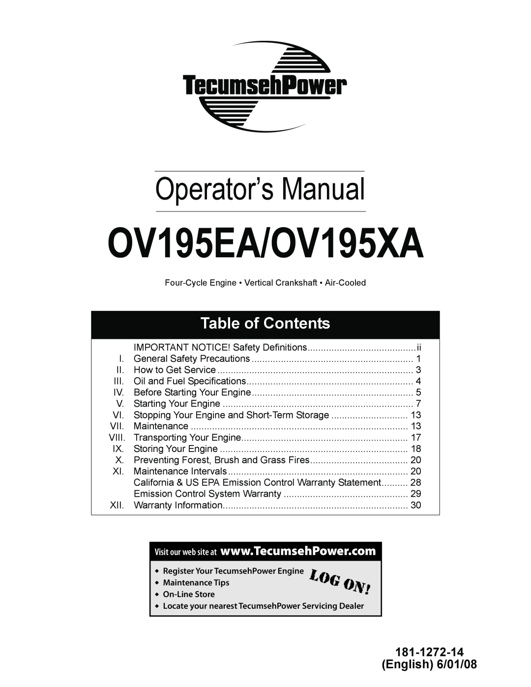 Tecumseh specifications English 6/01/08, OV195EA/OV195XA, Operator’s Manual, Table of Contents 