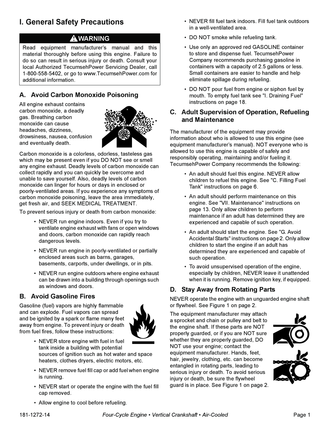 Tecumseh OV195EA, OV195XA I. General Safety Precautions, A. Avoid Carbon Monoxide Poisoning, B.Avoid Gasoline Fires 