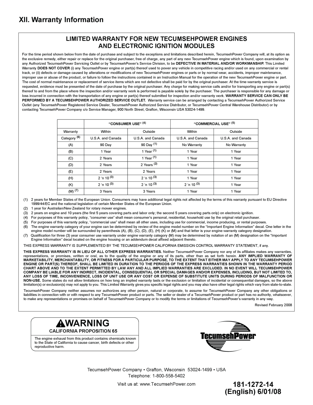 Tecumseh OV195XA XII. Warranty Information, Limited Warranty For New Tecumsehpower Engines, English 6/01/08, Telephone 
