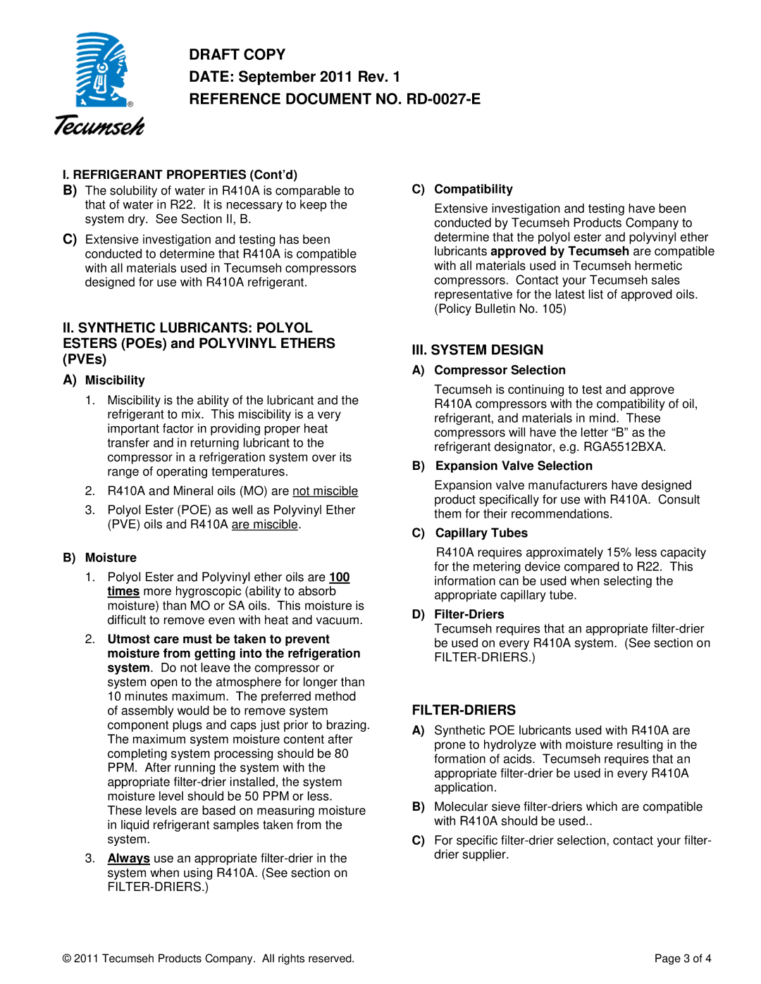 Tecumseh R410A manual III. System Design, Filter-Driers 