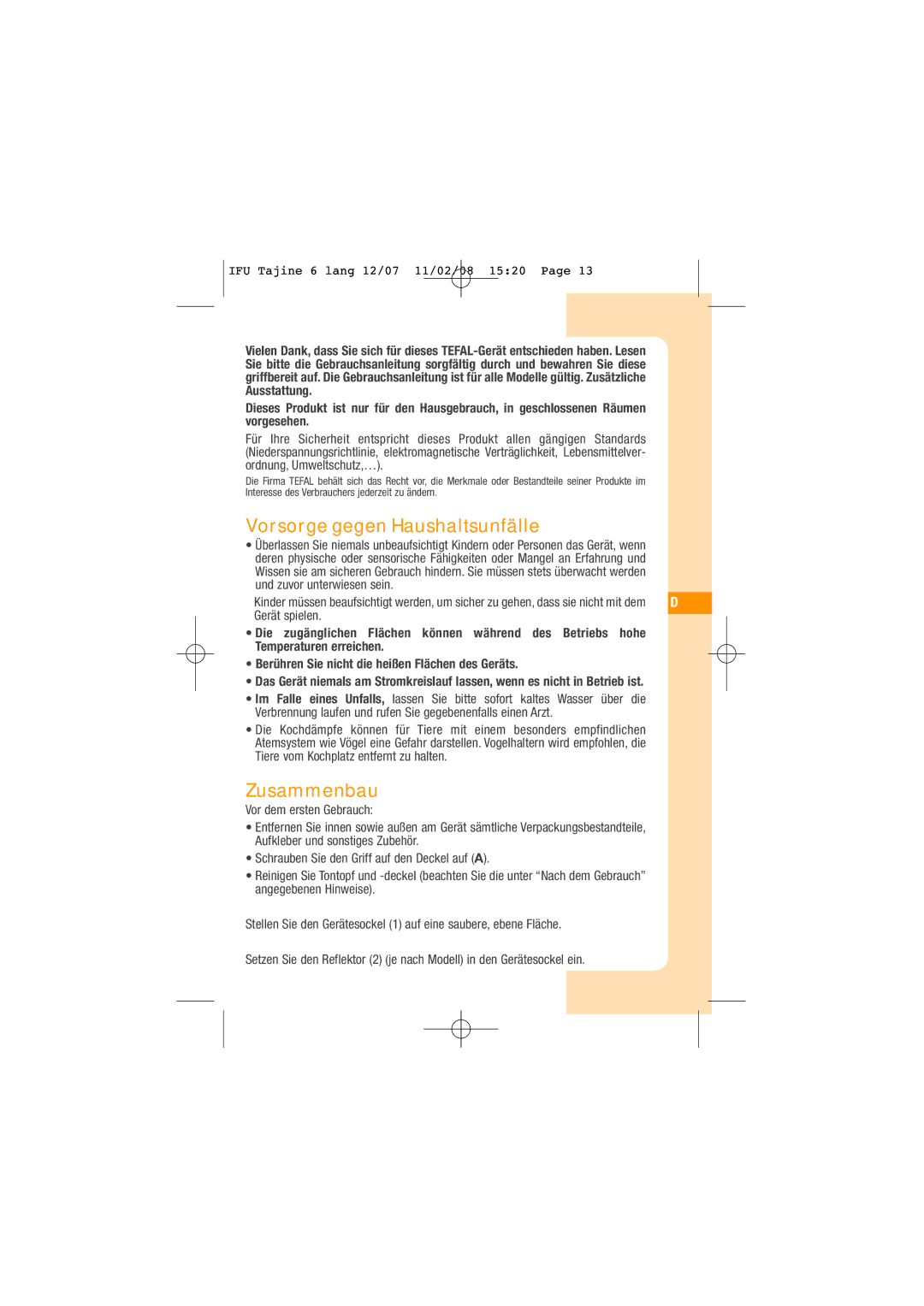 Tefal 39398125 manual Vorsorge gegen Haushaltsunfälle, Zusammenbau 