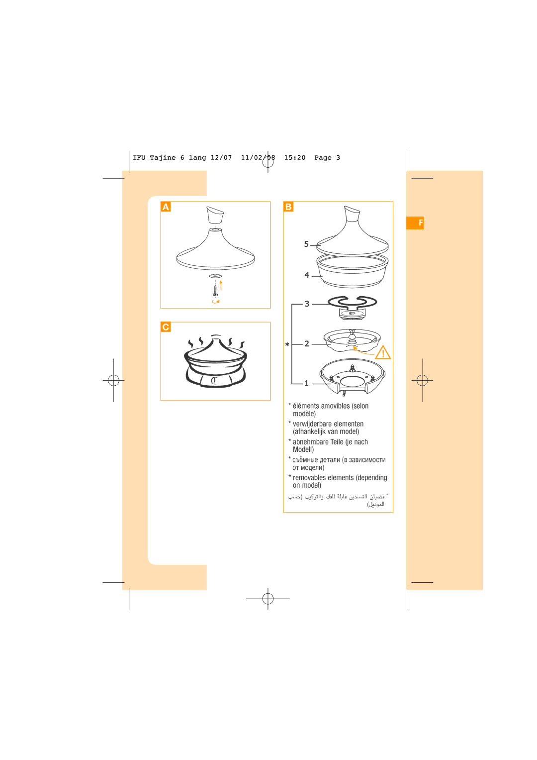 Tefal 39398125 manual Éléments amovibles selon modèle 