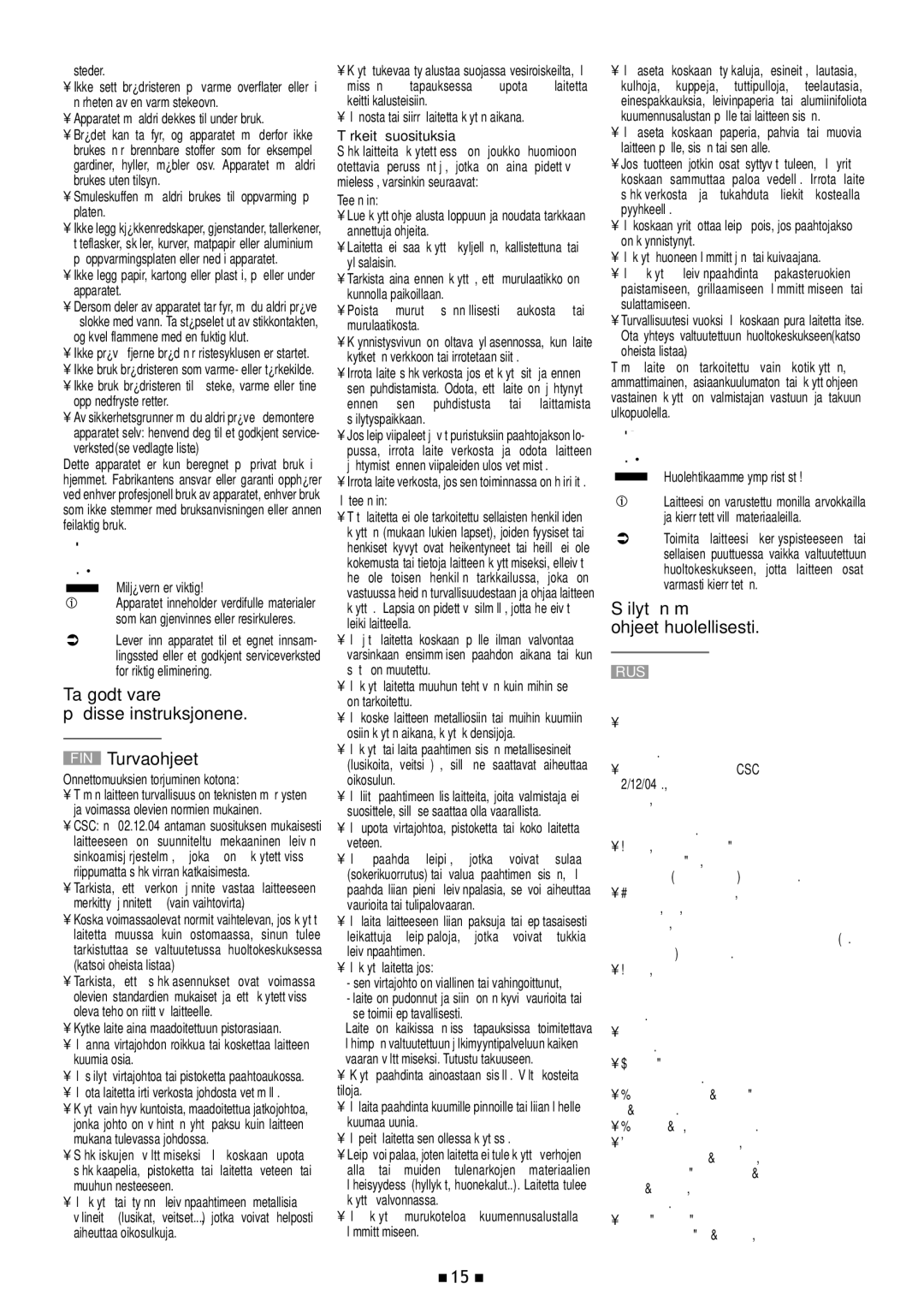 Tefal 532718 manual Ta godt vare På disse instruksjonene FIN Turvaohjeet, Säilytä nämä ohjeet huolellisesti 