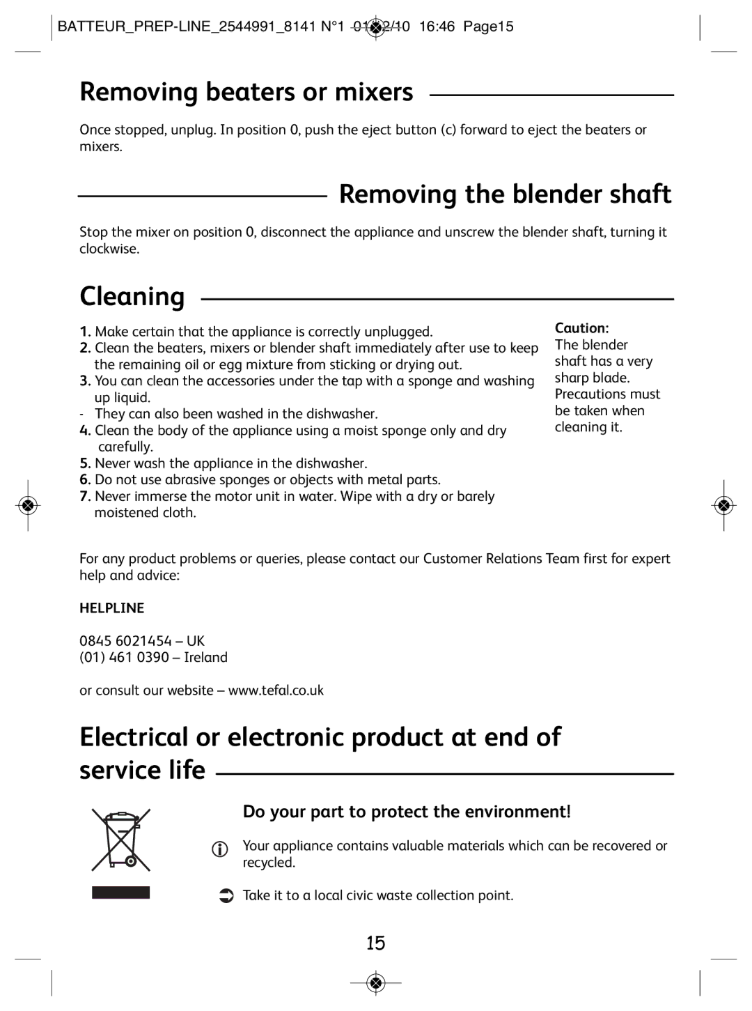 Tefal 814170 Removing beaters or mixers, Removing the blender shaft, Cleaning, Do your part to protect the environment 