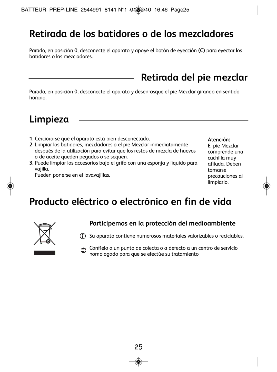 Tefal 814170 manual Retirada de los batidores o de los mezcladores, Retirada del pie mezclar, Limpieza 