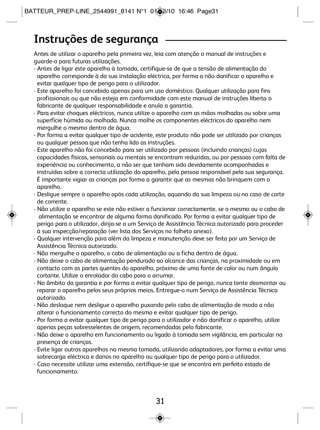 Tefal 814170 manual Instruções de segurança, BATTEURPREP-LINE25449918141 N1 01/12/10 1646 Page31 