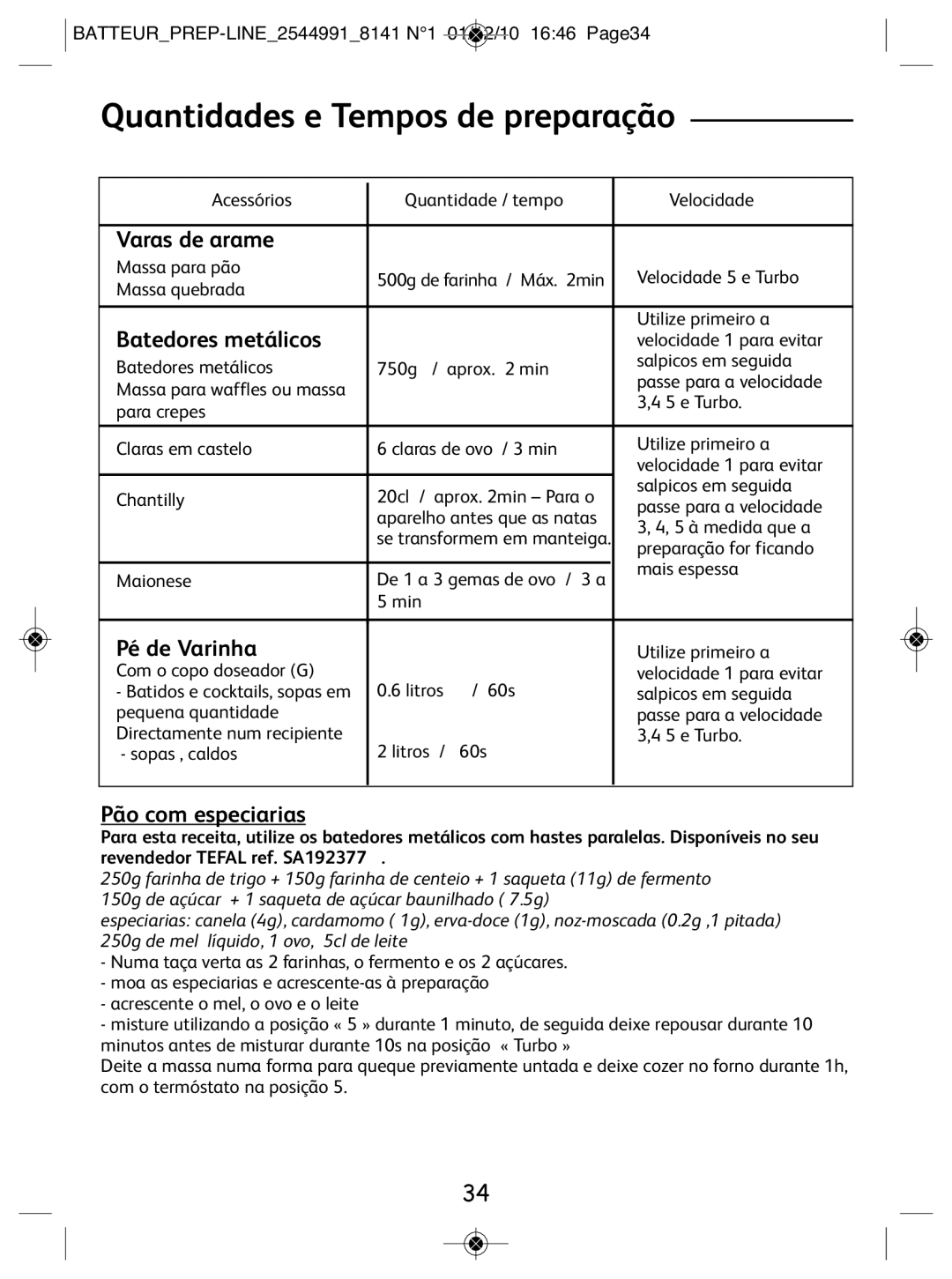 Tefal 814170 Quantidades e Tempos de preparação, Varas de arame, Batedores metálicos, Pé de Varinha, Pão com especiarias 