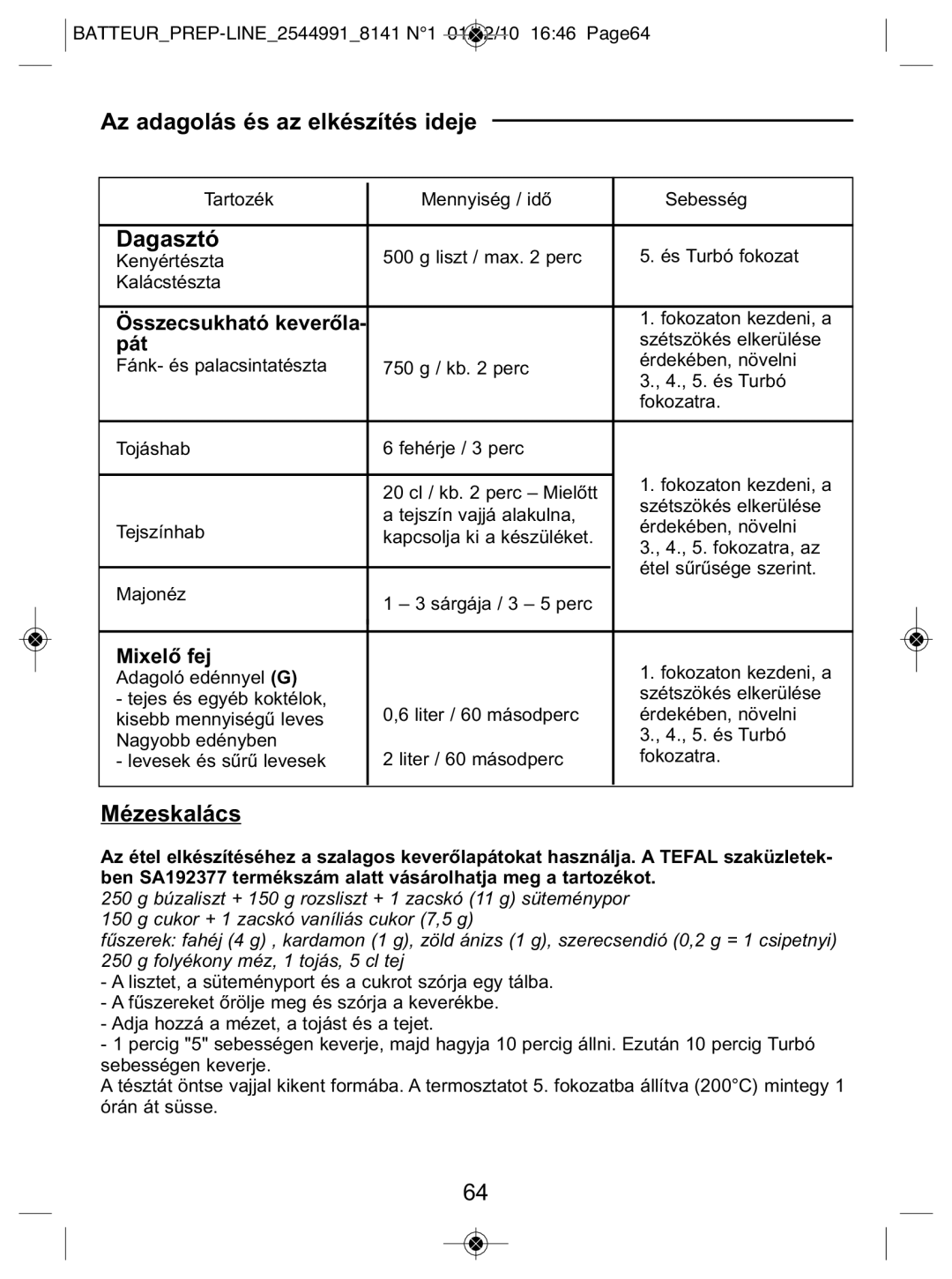 Tefal 814170 manual Az adagolás és az elkészítés ideje, Dagasztó, Mézeskalács, Pát, Mixelő fej 