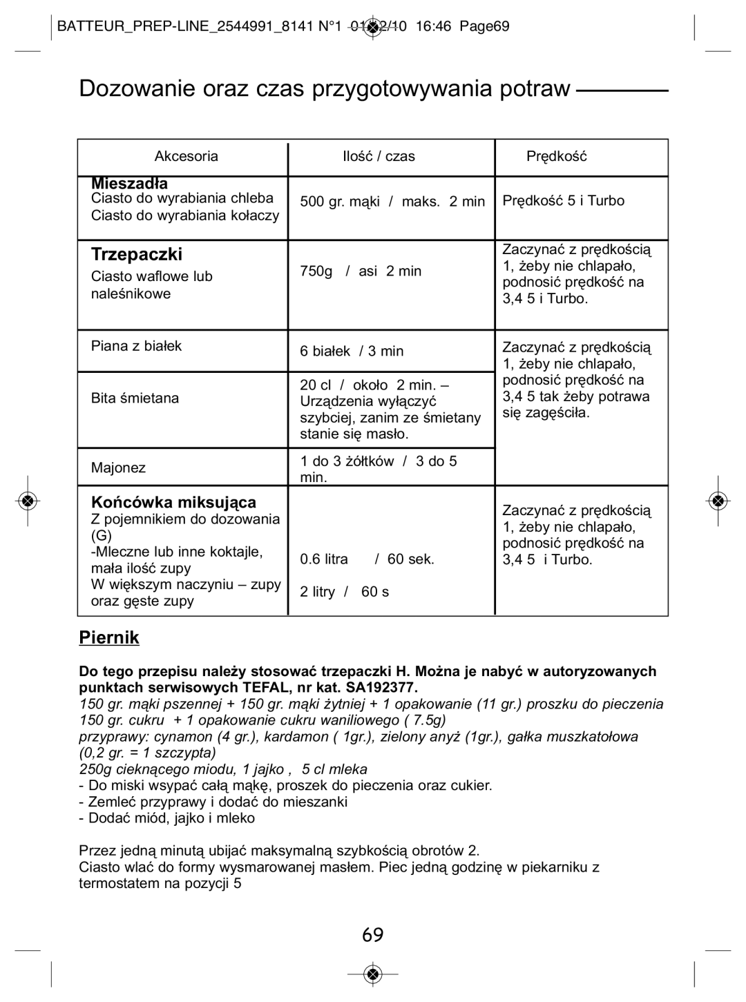 Tefal 814170 manual Trzepaczki, Piernik, Mieszadła, Końcówka miksująca 