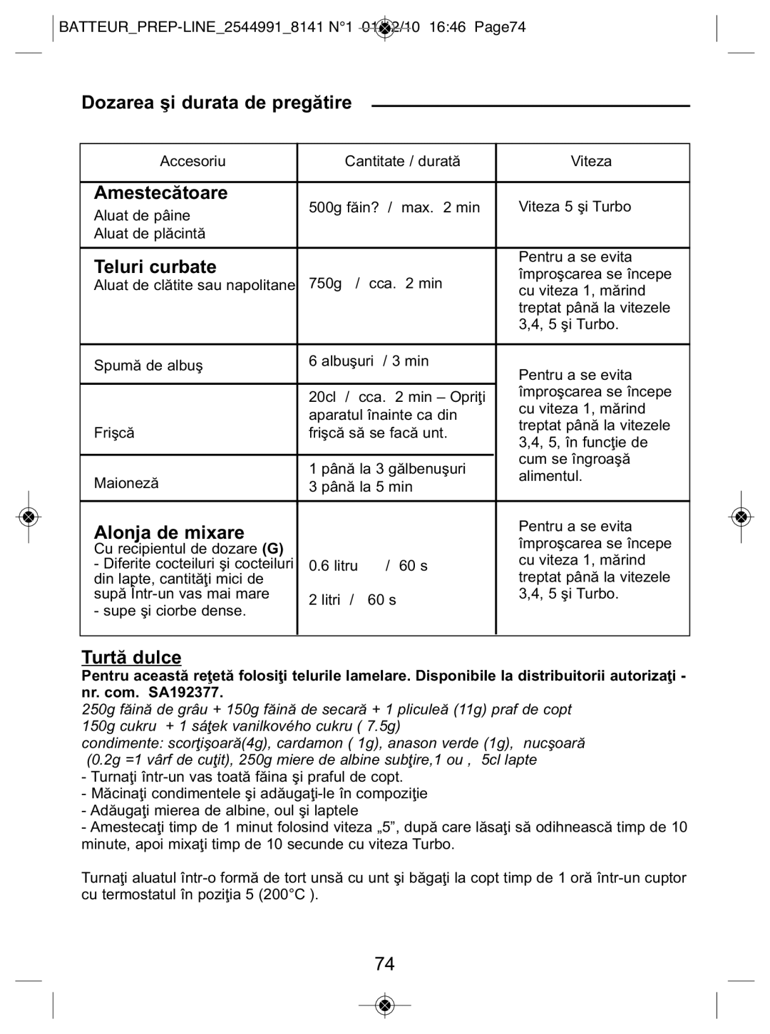 Tefal 814170 manual Dozarea şi durata de pregătire, Amestecătoare, Teluri curbate, Alonja de mixare, Turtă dulce 