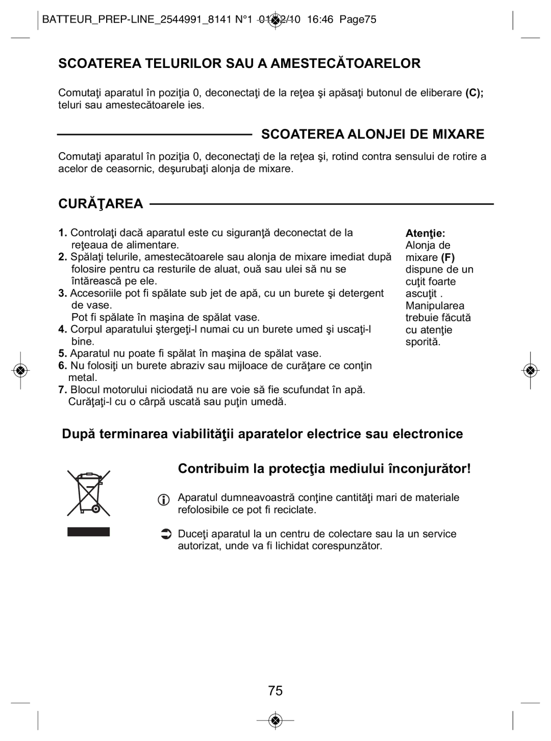 Tefal 814170 manual Scoaterea Telurilor SAU a Amestecătoarelor, BATTEURPREP-LINE25449918141 N1 01/12/10 1646 Page75 