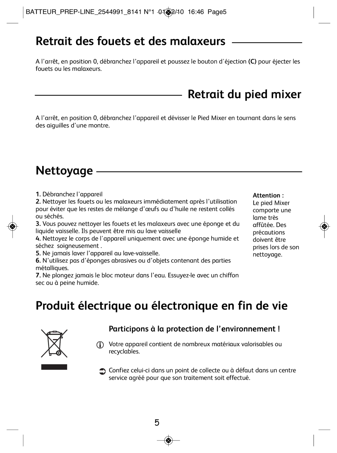 Tefal 814170 manual Retrait des fouets et des malaxeurs, Retrait du pied mixer, Nettoyage 