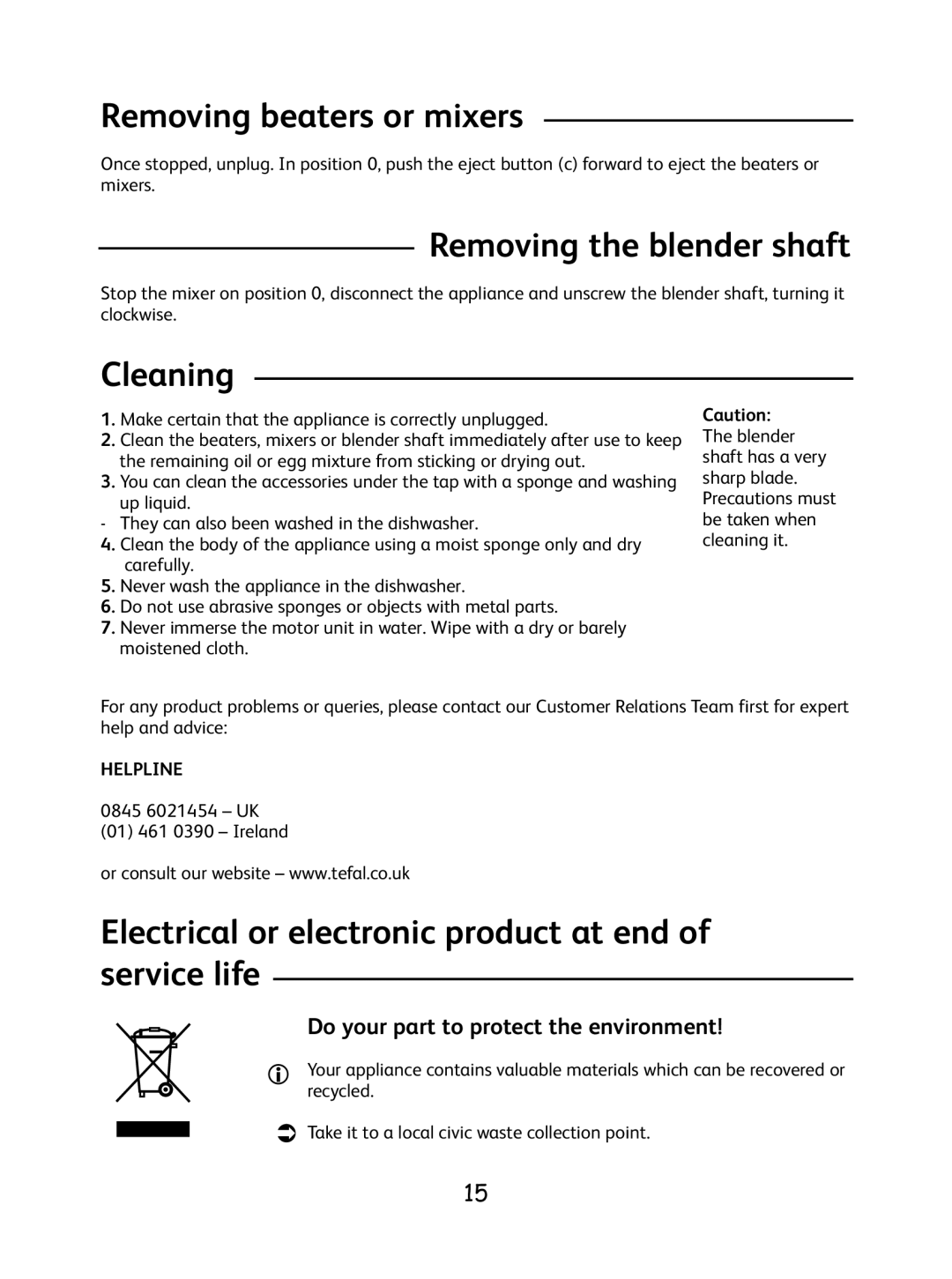 Tefal 8.14E+36 Removing beaters or mixers, Removing the blender shaft, Cleaning, Do your part to protect the environment 