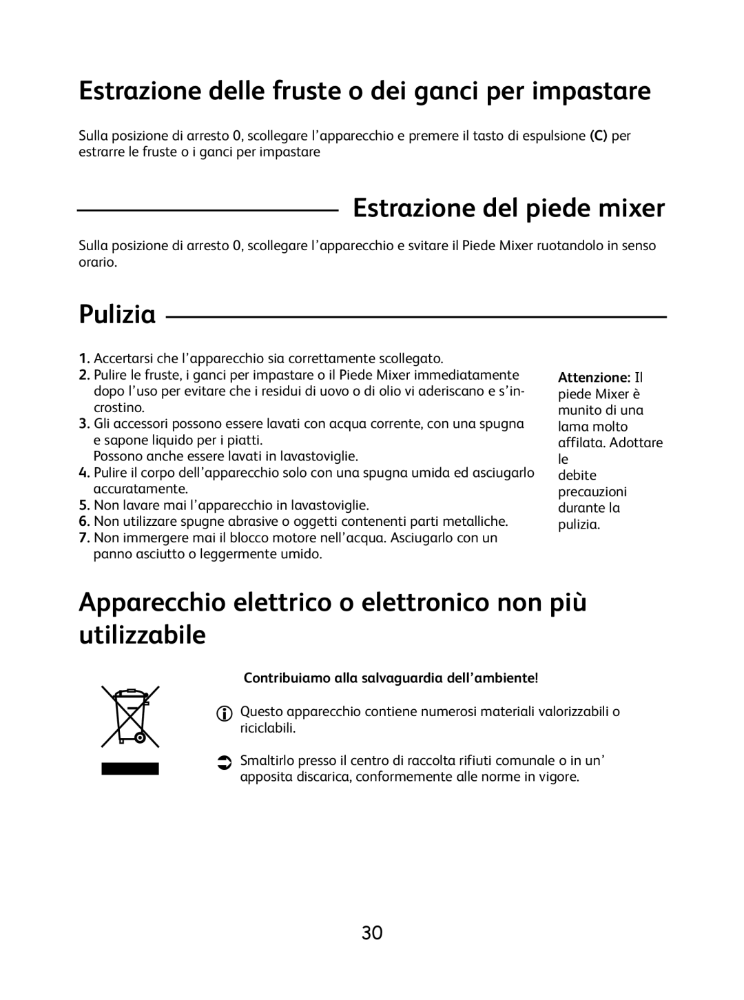 Tefal 8.14E+36 manual Estrazione del piede mixer, Pulizia, Apparecchio elettrico o elettronico non più utilizzabile 