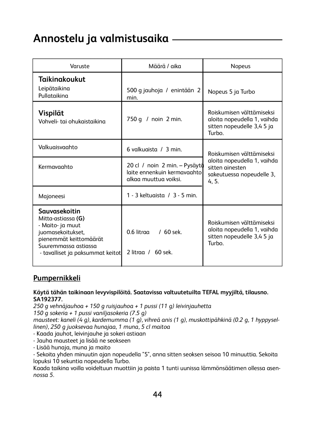 Tefal 8.14E+36 manual Annostelu ja valmistusaika, Taikinakoukut, Vispilät, Pumpernikkeli, Sauvasekoitin 