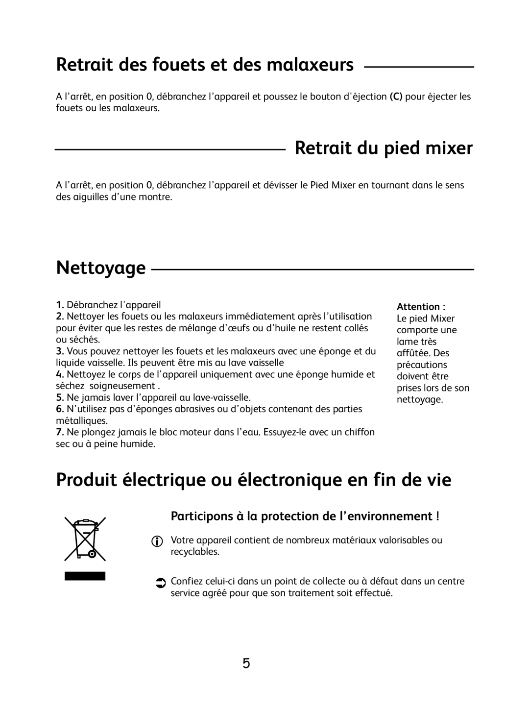 Tefal 8.14E+36 manual Retrait des fouets et des malaxeurs, Retrait du pied mixer, Nettoyage 