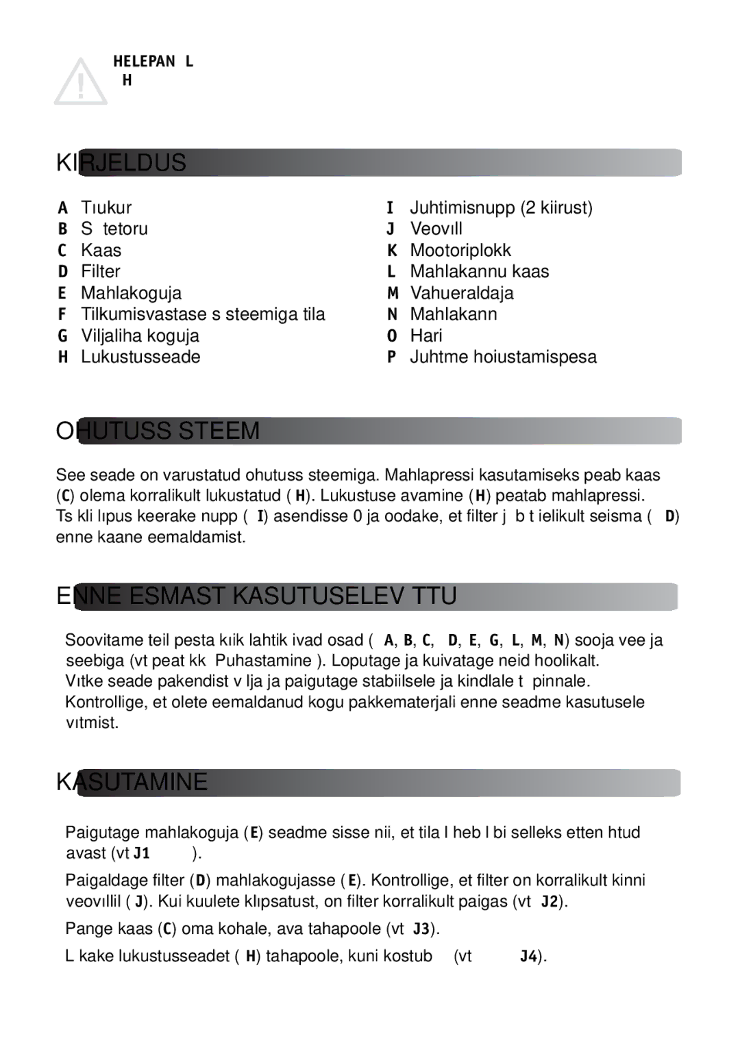 Tefal ZE581B38, 830931 manual Kirjeldus, Ohutussüsteem, Enne Esmast Kasutuselevõttu, Kasutamine 