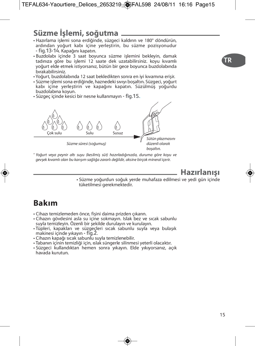 Tefal 887241, YG652825 manual Süzme İşlemi, soğutma, Hazırlanışı, Bakım 