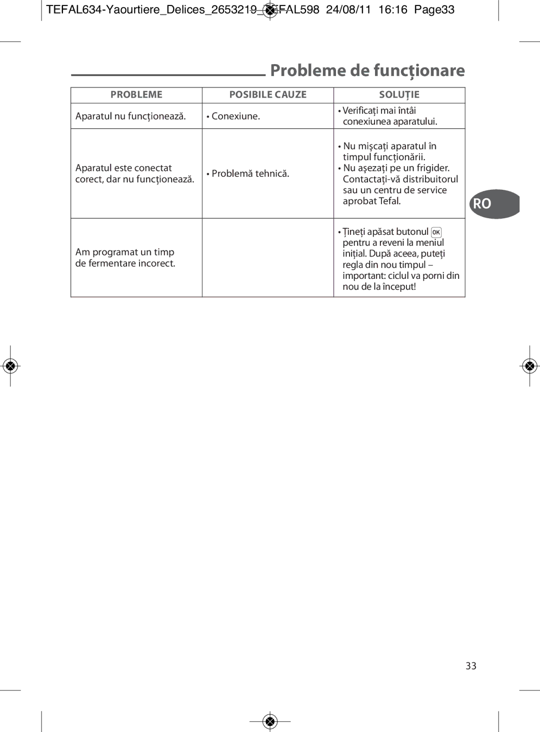 Tefal 887241, YG652825 manual Probleme de funcţionare 