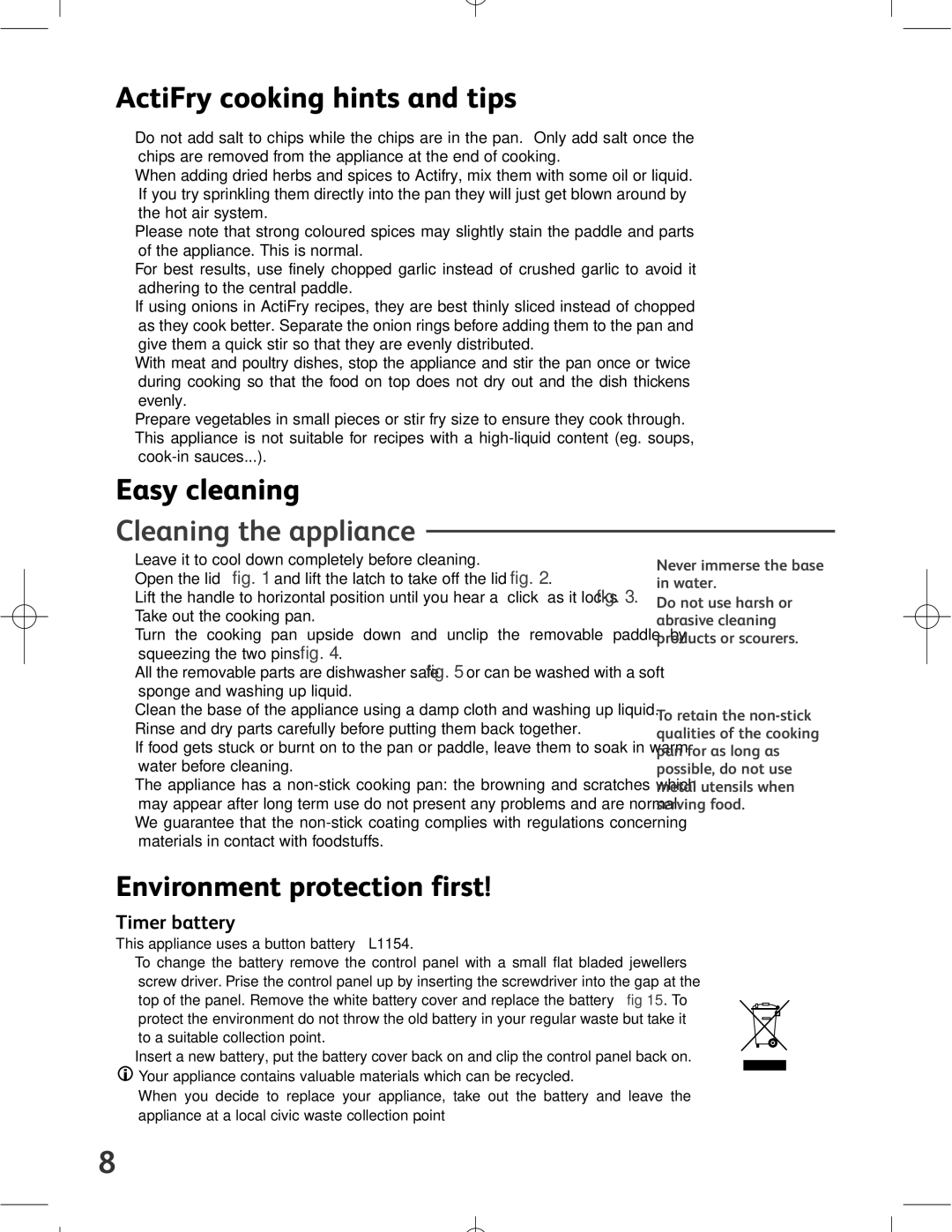 Tefal ACTIFRY manual ActiFry cooking hints and tips, Easy cleaning, Cleaning the appliance, Environment protection first 