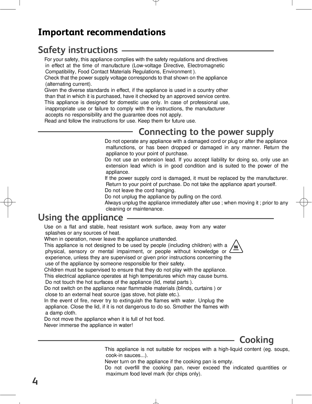 Tefal ACTIFRY Important recommendations, Safety instructions, Connecting to the power supply, Using the appliance, Cooking 