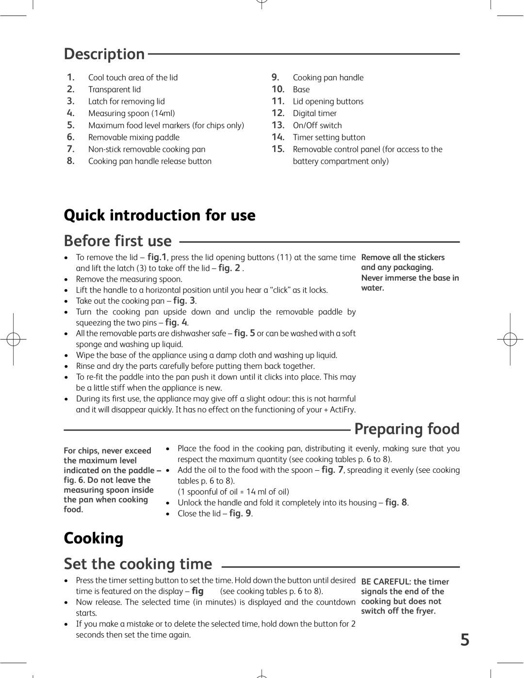 Tefal ACTIFRY manual Description, Before first use, Preparing food, Set the cooking time 