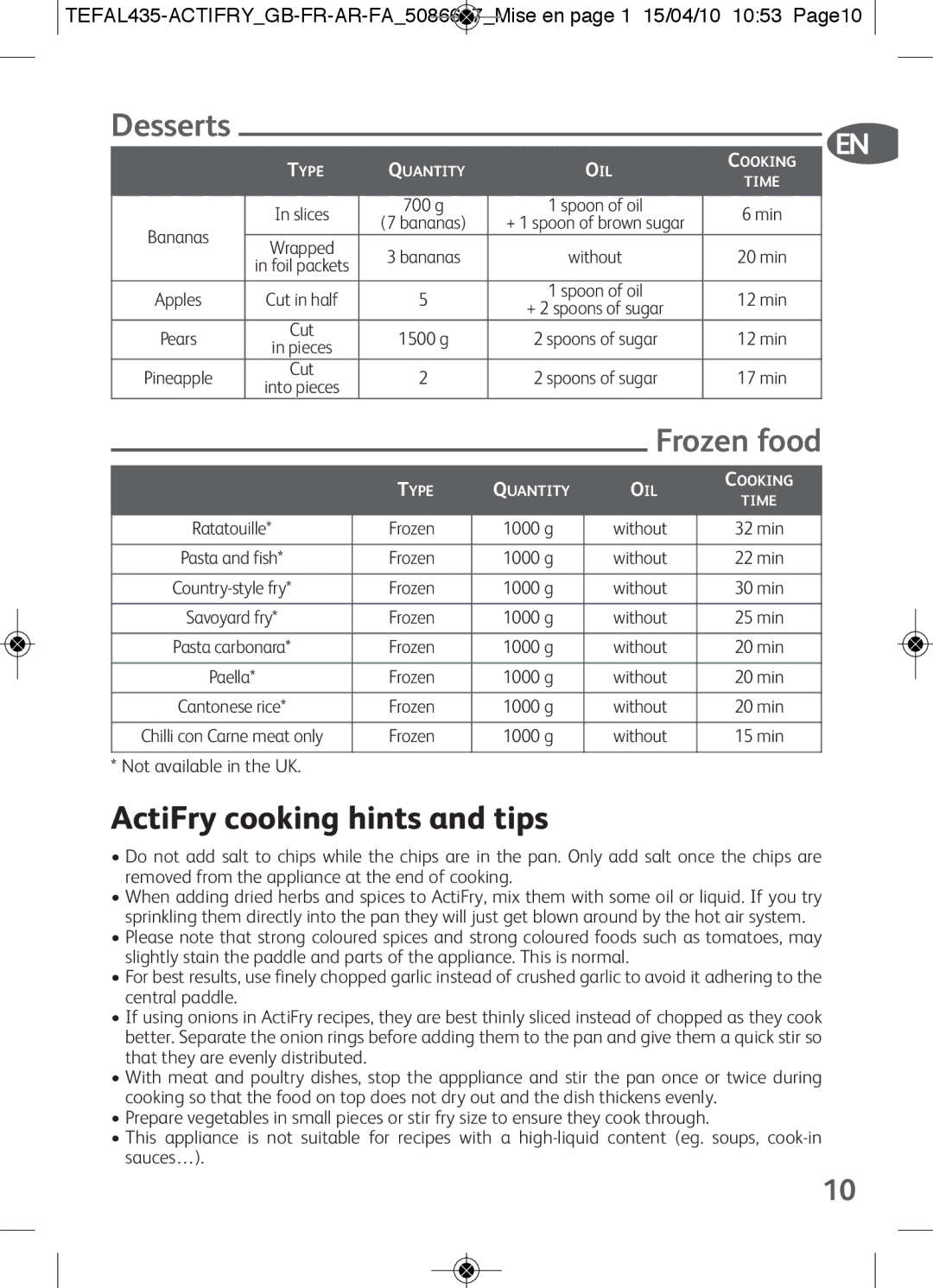 Tefal AH900038, AH900034, AH900033, AH900031, AH900032, AH900015 manual Desserts, Frozen food, ActiFry cooking hints and tips 