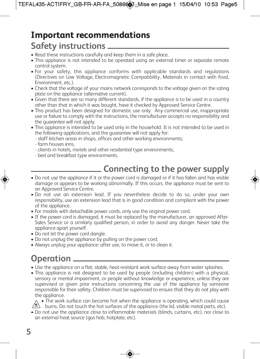 Tefal AH900070, AH900034 manual Important recommendations, Safety instructions, Connecting to the power supply, Operation 