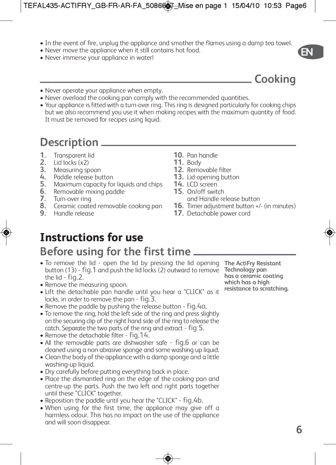 Tefal AH900036, AH900034, AH900033, AH900031 Cooking, Description, Instructions for use, Before using for the first time 