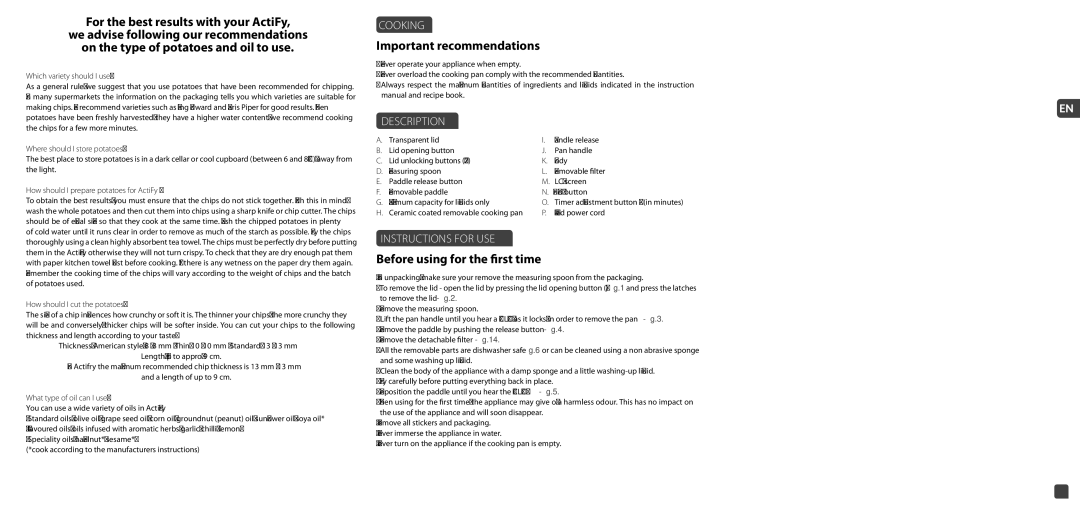 Tefal AH950040, AH950027, AH950028 manual Before using for the first time, Cooking, Description, Instructions for USE 