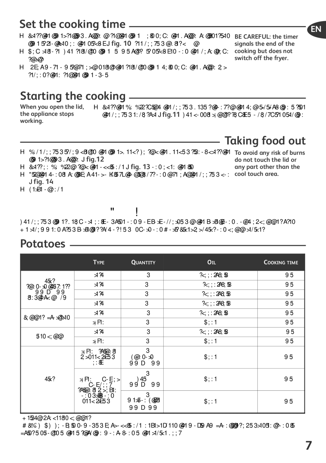 Tefal AL800030, AL800041 Set the cooking time, Starting the cooking, Taking food out, Table of cooking times, Potatoes 