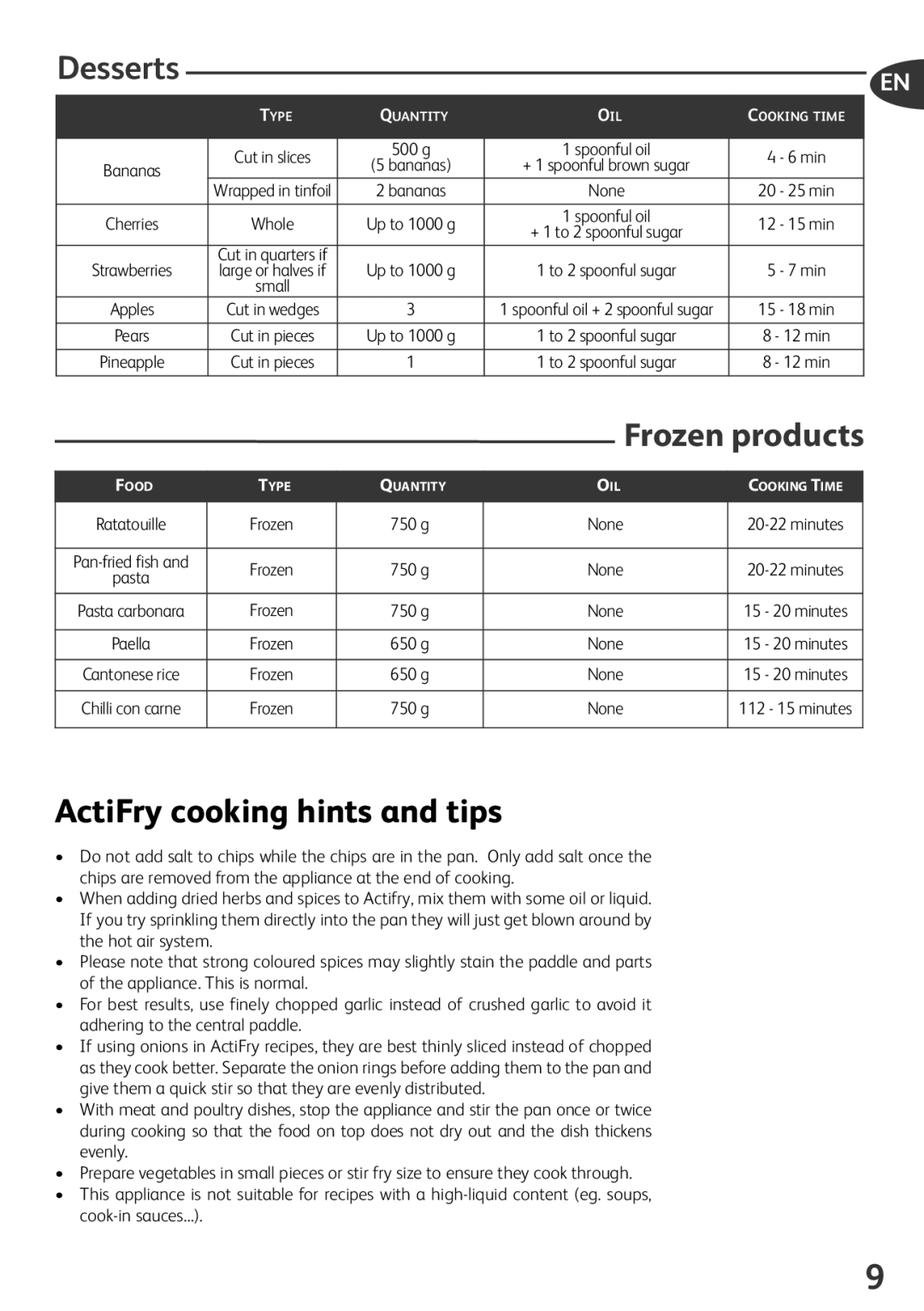 Tefal AL800040, AL800041, AL800066, AL800030 manual Frozen products, ActiFry cooking hints and tips 