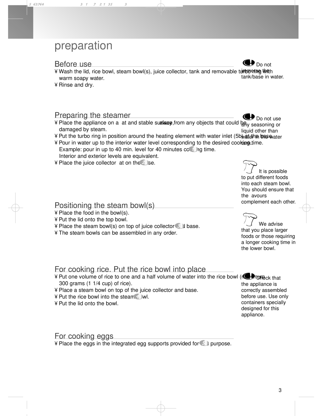 Tefal AQUA TIMER STEAMER manual Preparation 