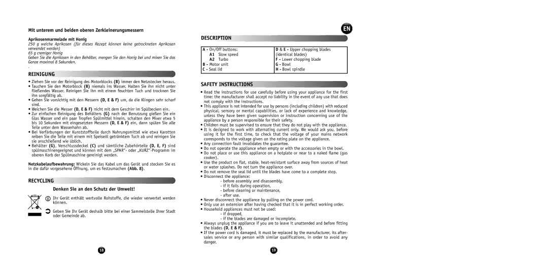 Tefal AT714G40 manual Reinigung, Description, Safety Instructions, Mit unterem und beiden oberen Zerkleinerungsmessern 