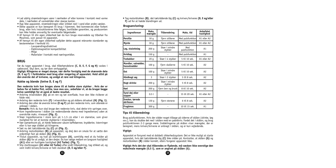 Tefal AT714G40 manual Hakke og blende knive D, E og F, Brugsanvisning, Tips til tilberedning, Vigtigt 