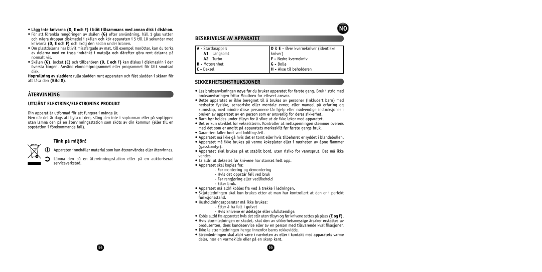 Tefal AT714G40 manual Återvinning, Sikkerhetsinstruksjoner, Uttjänt ELEKTRISK/ELEKTRONISK Produkt, Tänk på miljön 